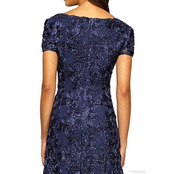 Alex Evenings Sequin Floral Lace Ribbon Rosette Round Neck Short Sleeve Gown - Picture 3 of 12
